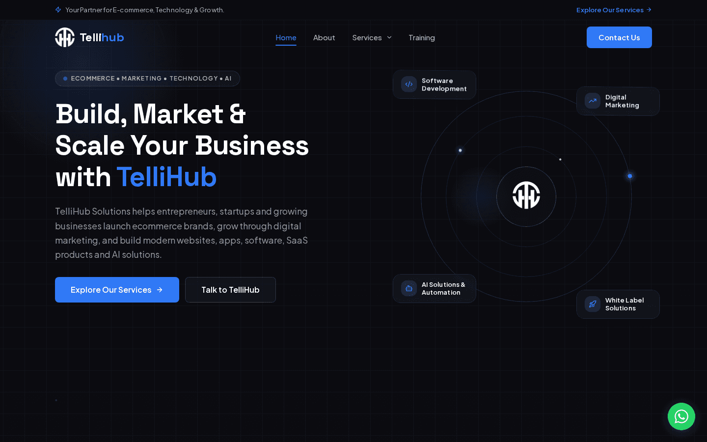 TelliHub homepage, showing its services and growth-partner positioning