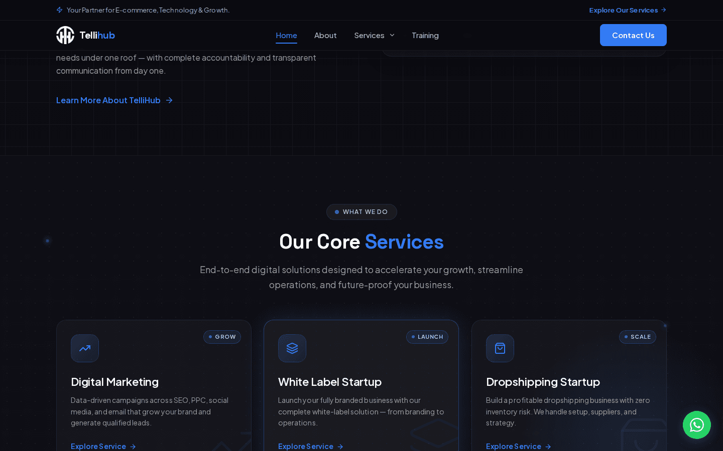 TelliHub "Our Core Services" section, showing Digital Marketing, White Label Startup and Dropshipping Startup tracks