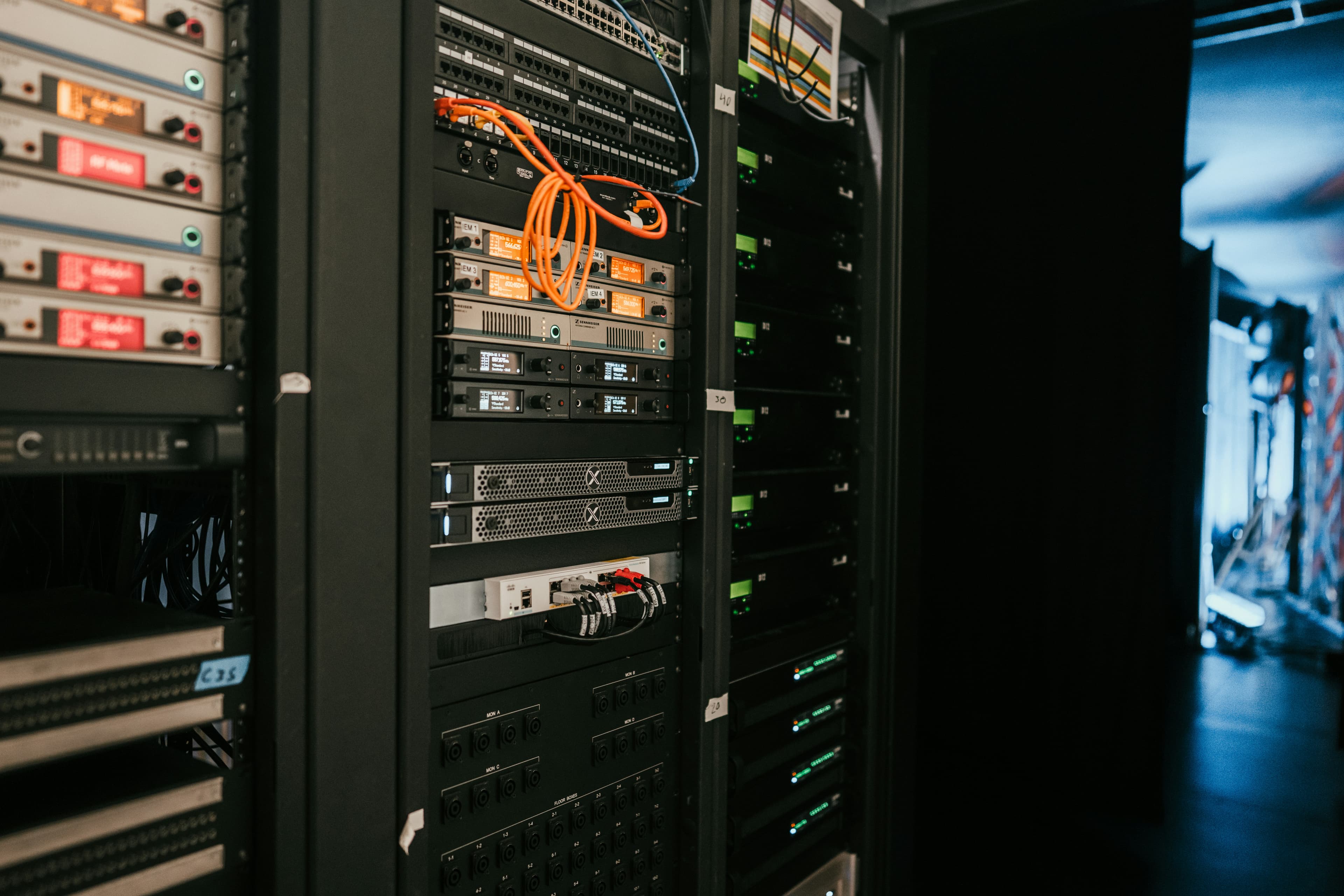 A rack of servers in a data center