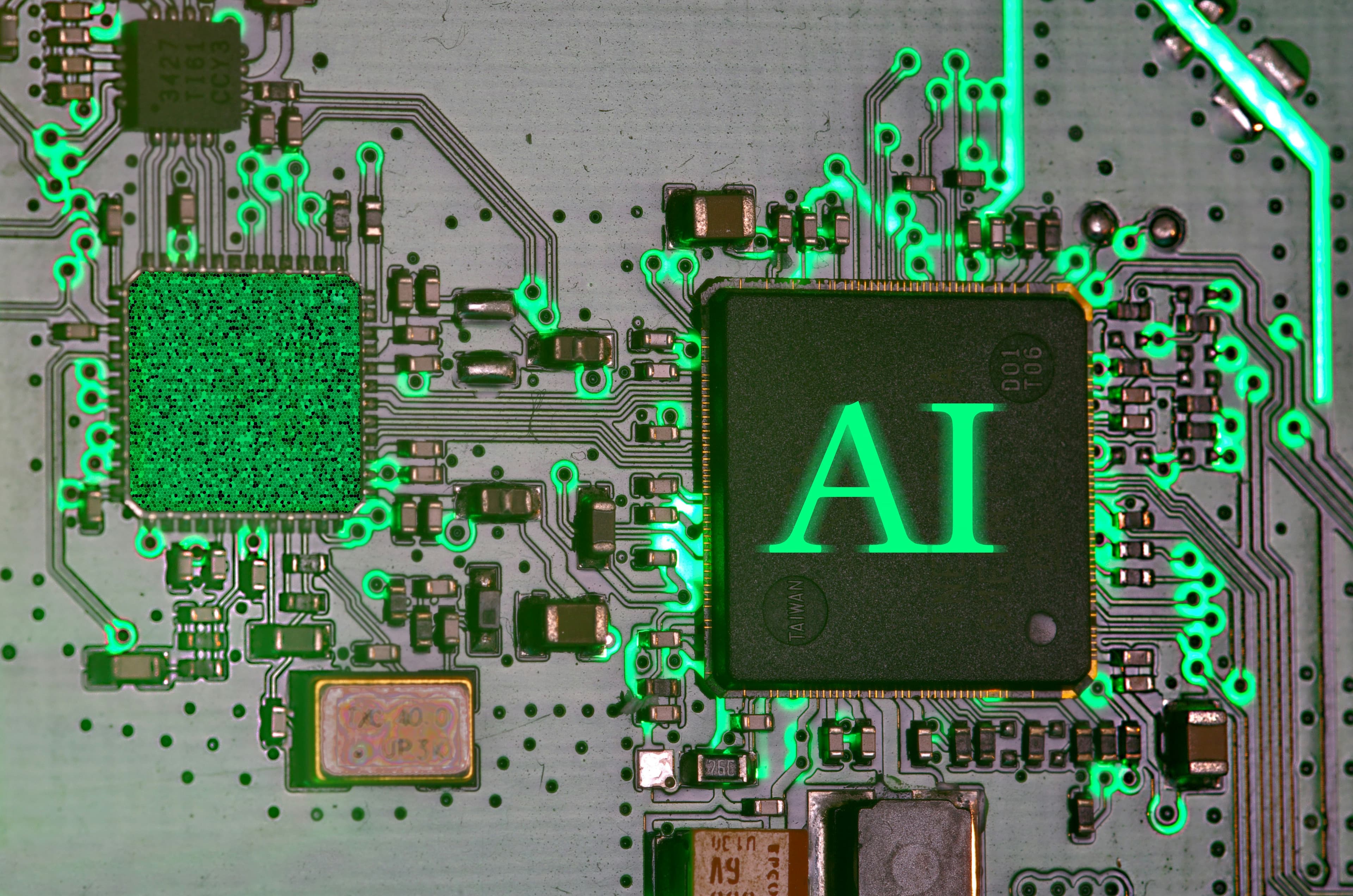 A glowing AI chip mounted on a circuit board
