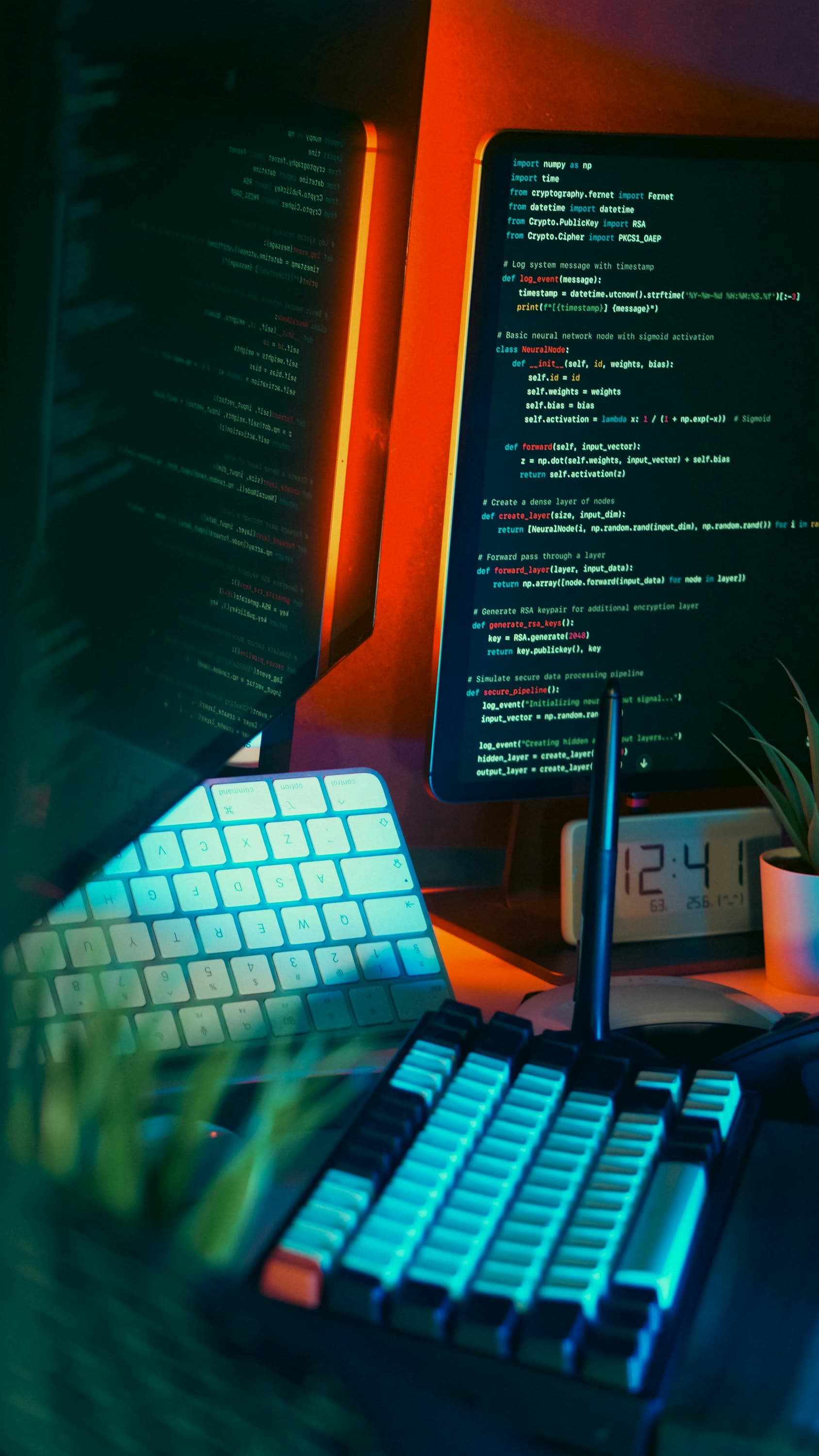 A developer's workspace filled with code on multiple screens