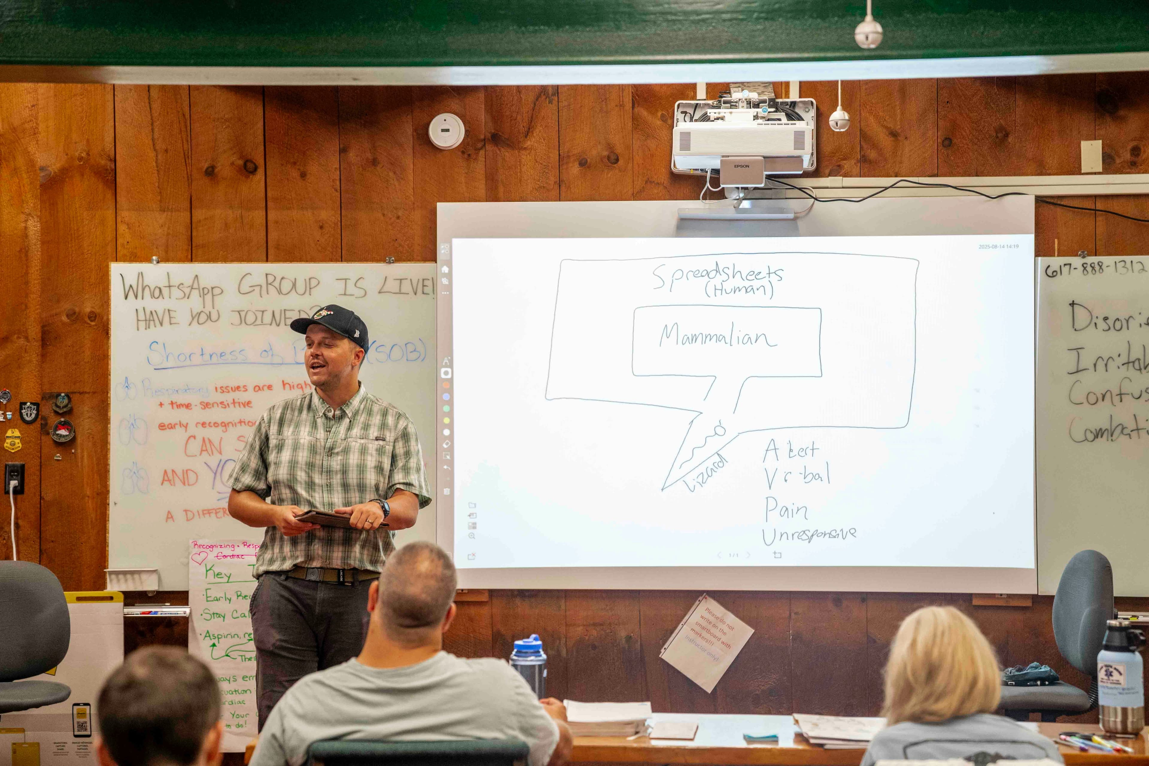 A technical diagram being presented on a whiteboard
