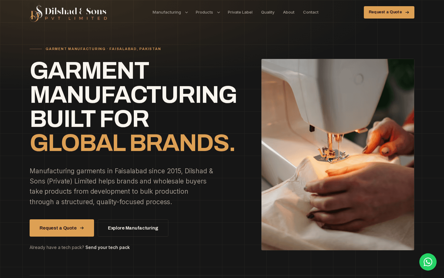 Dilshad & Sons homepage, showing the garment manufacturing hero section