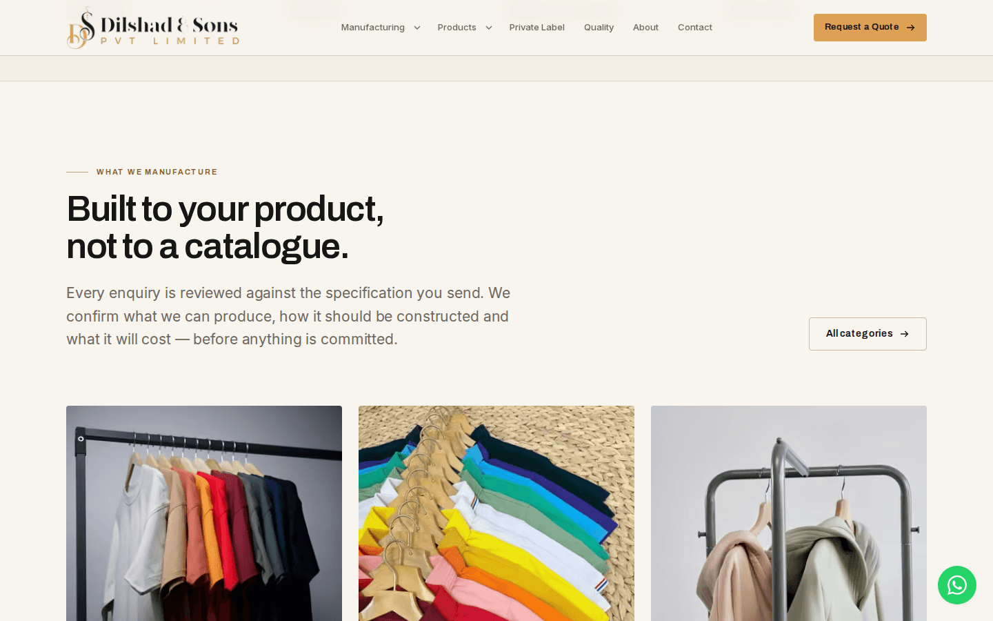 Dilshad & Sons "What We Manufacture" section, showing real product photography